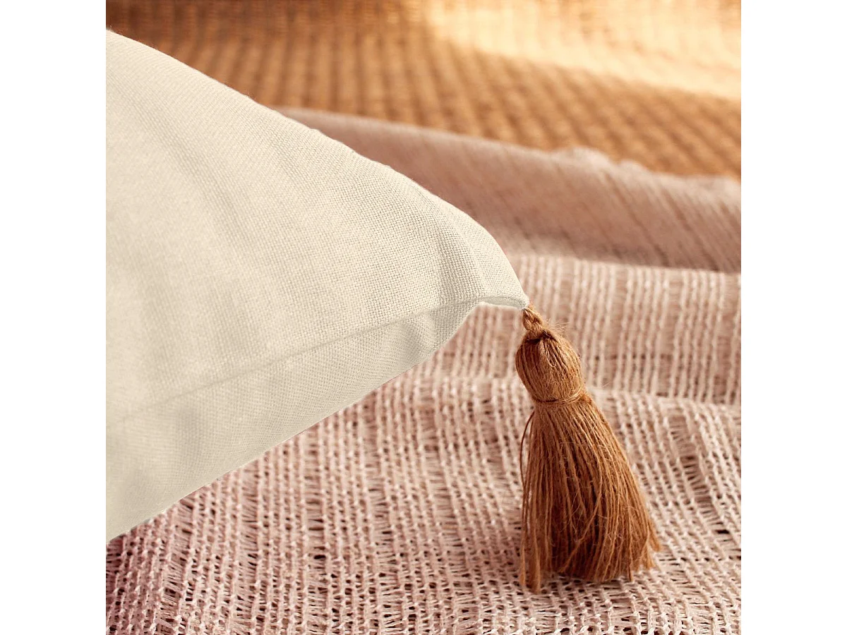 Coussin Déco Uni à Pompons "Panama" 50x70cm Écru