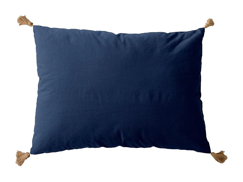 Coussin Déco Uni à Pompons "Panama" 50x70cm Bleu Marine