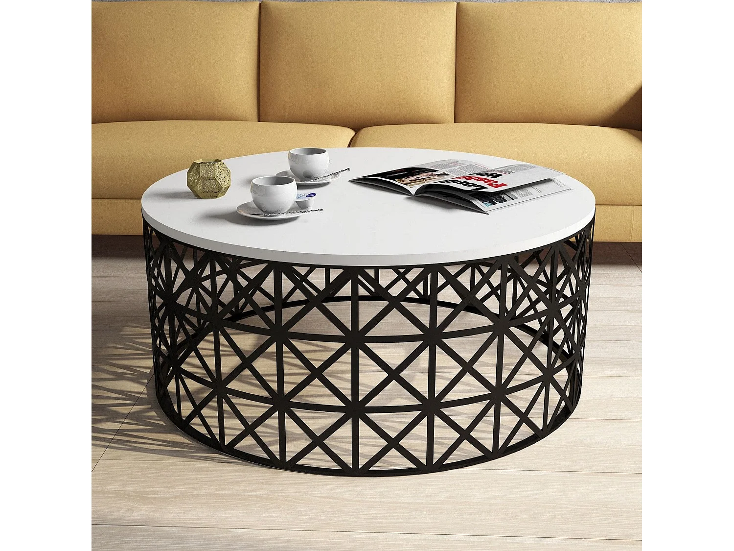 Mesa de Centro Moderna Selin Metal Ferforje em Branco e Preto