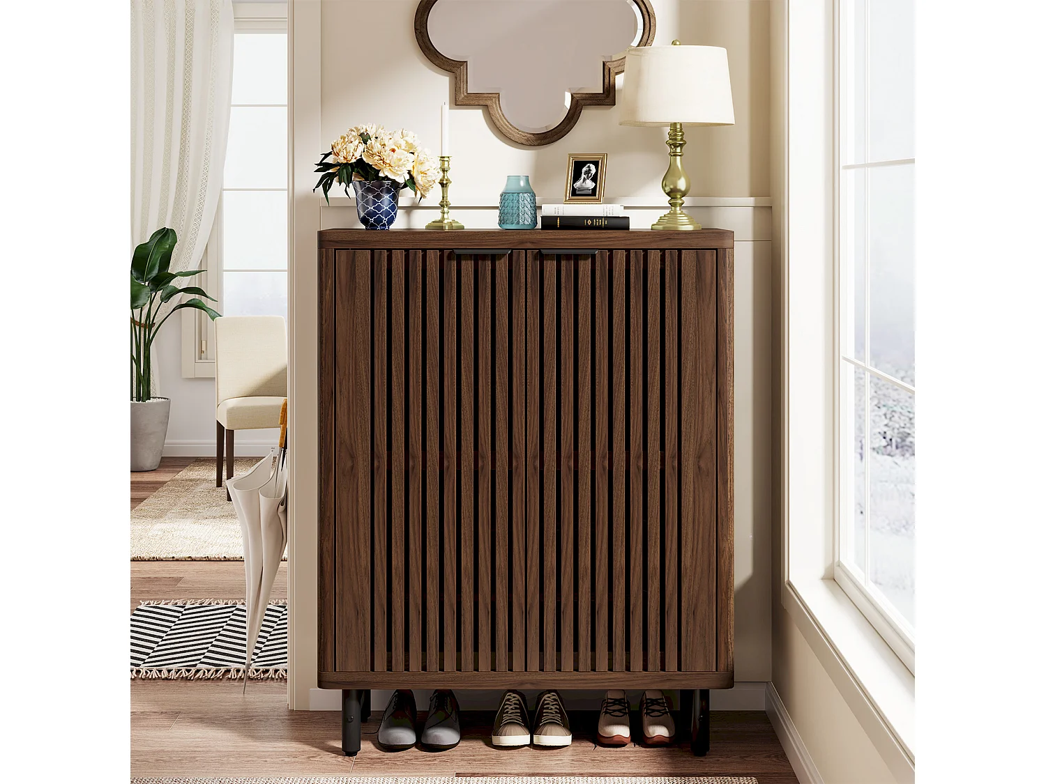 Scarpiera retrò a 6 ripiani, 24 paia di scarpe con ante, ripiani regolabili