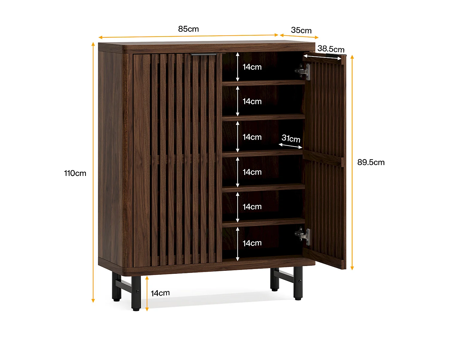 Armoire à chaussures rétro à 6 niveaux, 24 paires de chaussures avec portes, étagères réglables