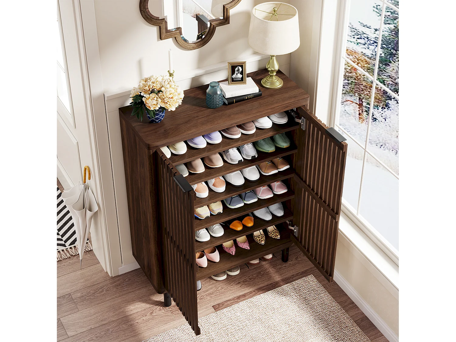 Armoire à chaussures rétro à 6 niveaux, 24 paires de chaussures avec portes, étagères réglables