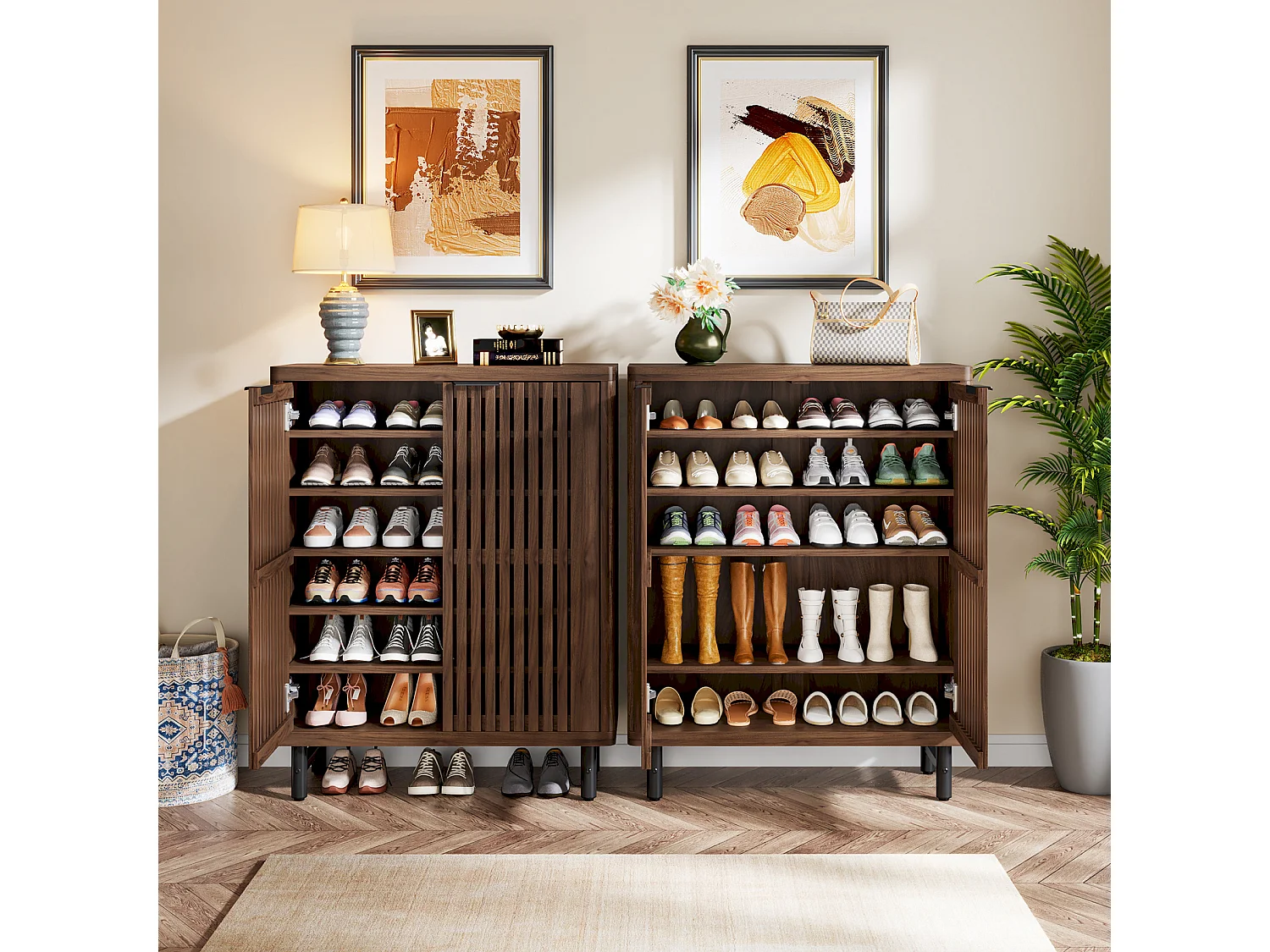 Armoire à chaussures rétro à 6 niveaux, 24 paires de chaussures avec portes, étagères réglables