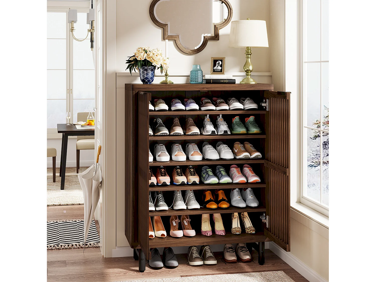 Armoire à chaussures rétro à 6 niveaux, 24 paires de chaussures avec portes, étagères réglables