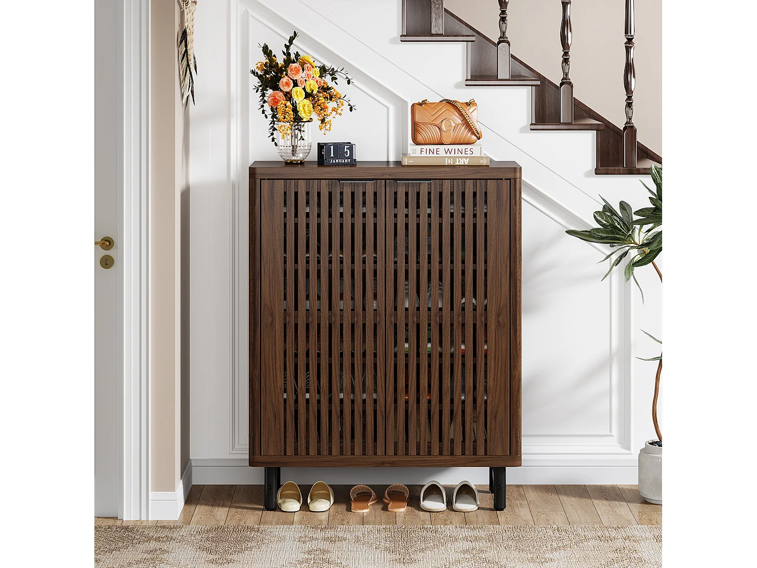 Armoire à chaussures rétro à 6 niveaux, 24 paires de chaussures avec portes, étagères réglables