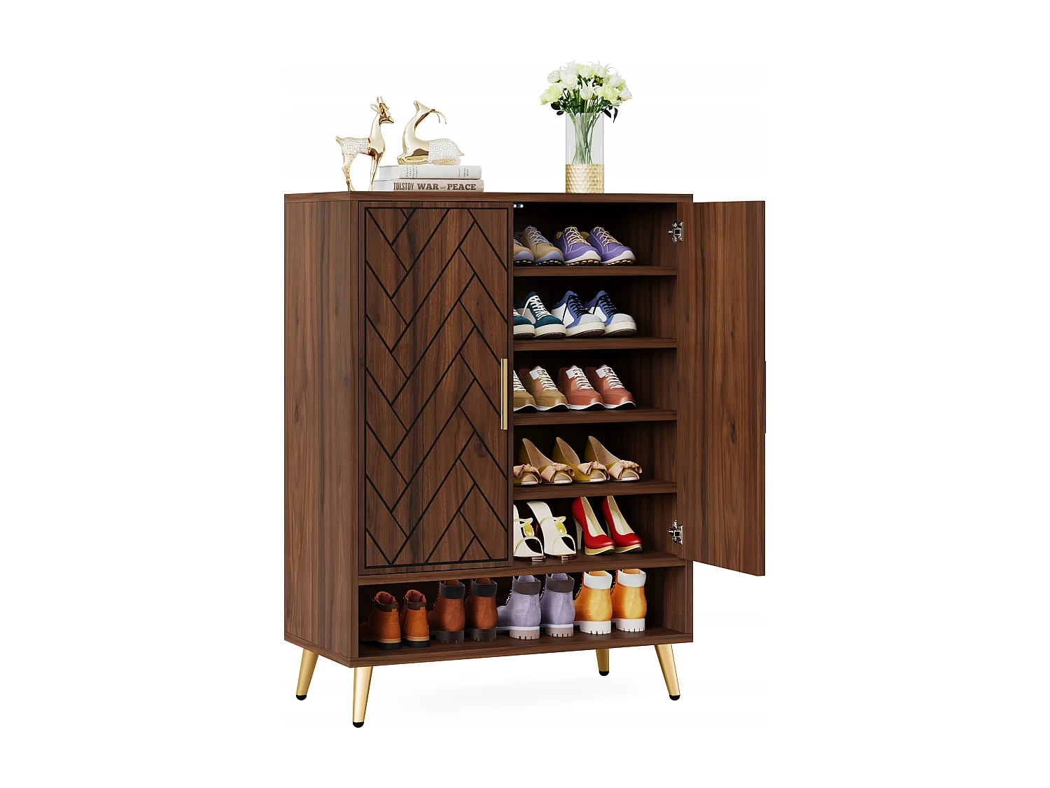 Móvel de sapatos com 2 portas, 6 andares, móvel de armazenamento para sapatos, divisórias reguláveis, para entrada, sala, marrom