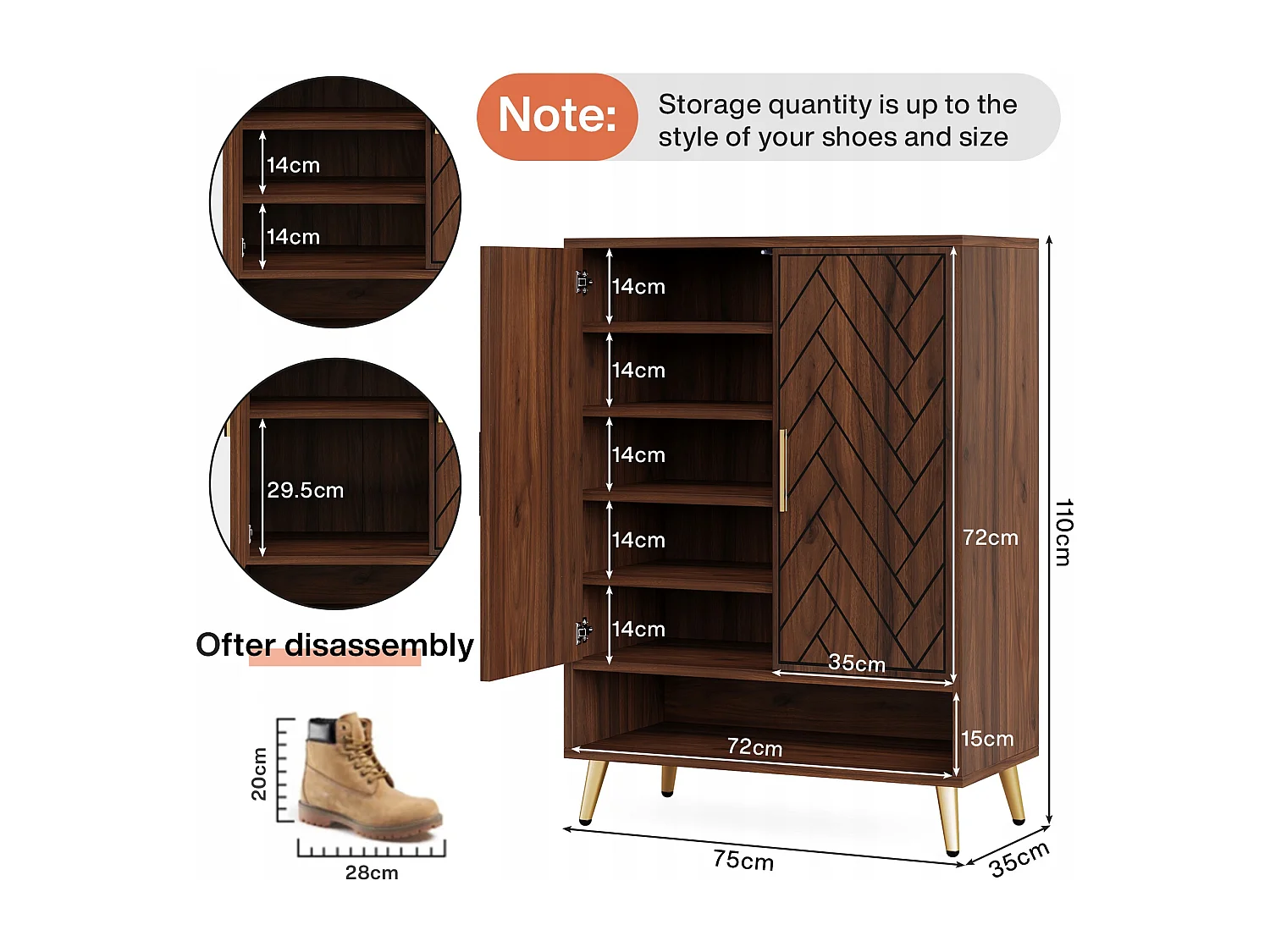 Móvel de sapatos com 2 portas, 6 andares, móvel de armazenamento para sapatos, divisórias reguláveis, para entrada, sala, marrom