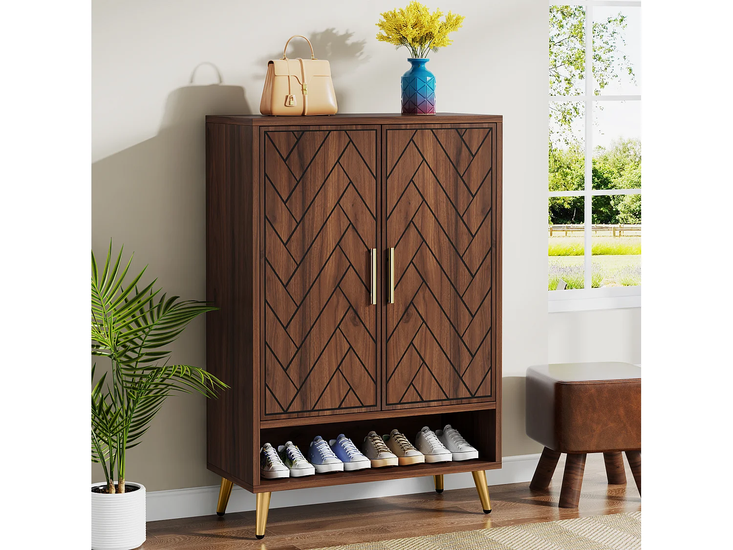 Móvel de sapatos com 2 portas, 6 andares, móvel de armazenamento para sapatos, divisórias reguláveis, para entrada, sala, marrom