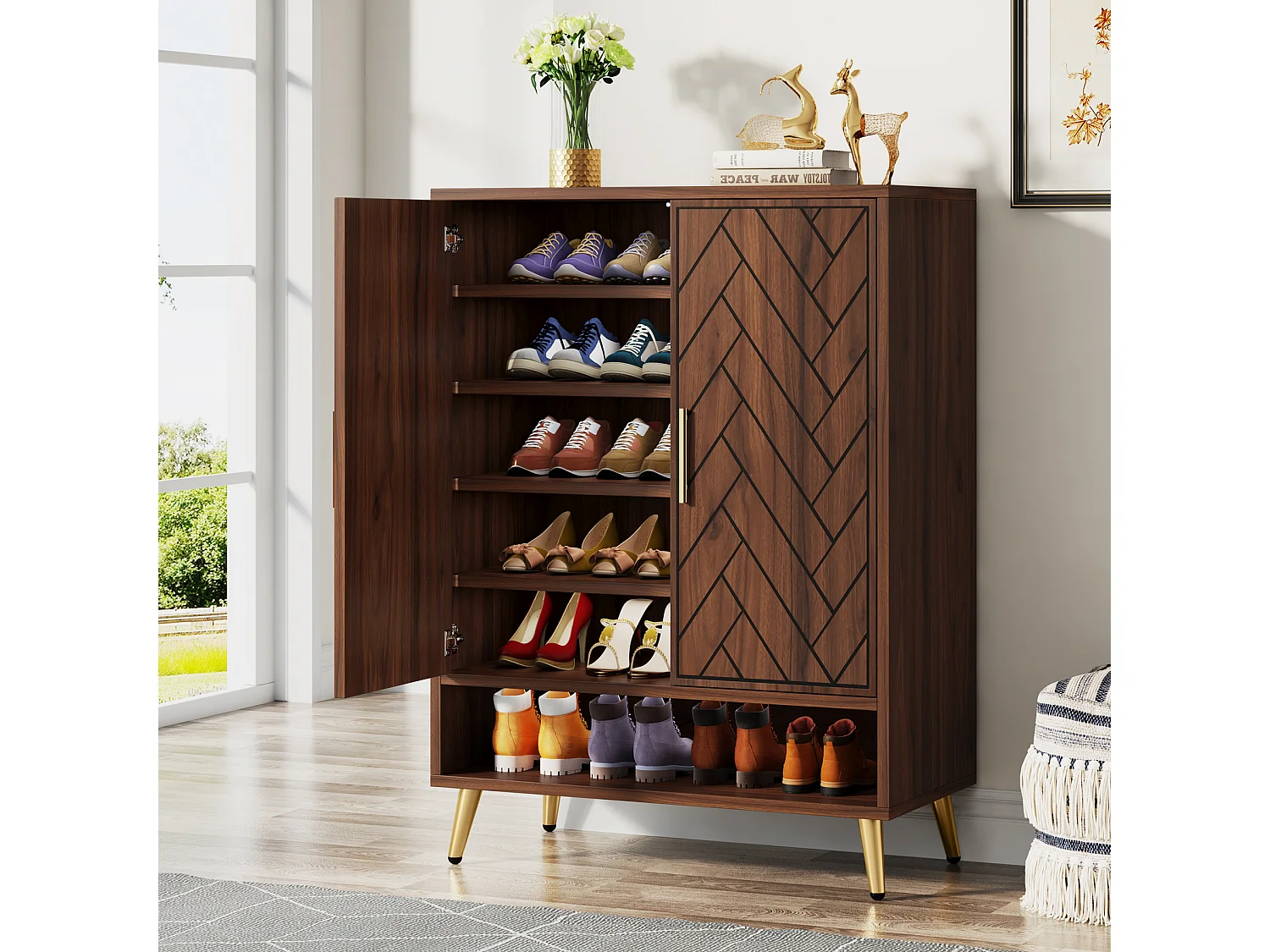 Meuble Chaussures avec 2 Portes, 6 étages Meuble de Rangement à Chaussures, Séparateurs Réglables, pour Entrée,Salon, Marron