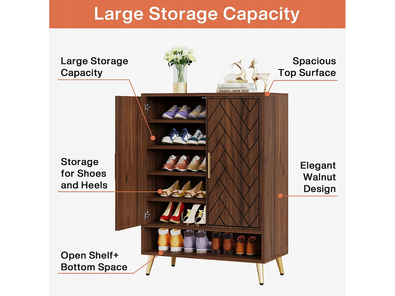 Meuble Chaussures avec 2 Portes, 6 étages Meuble de Rangement à Chaussures, Séparateurs Réglables, pour Entrée,Salon, Marron