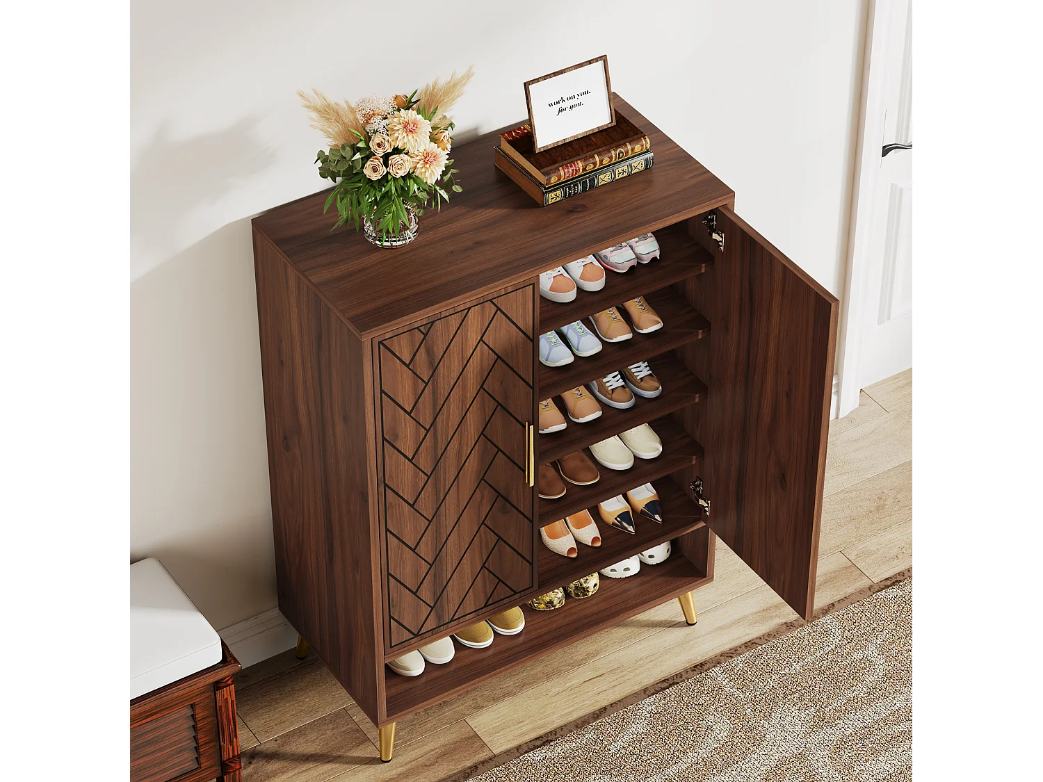 Meuble Chaussures avec 2 Portes, 6 étages Meuble de Rangement à Chaussures, Séparateurs Réglables, pour Entrée,Salon, Marron