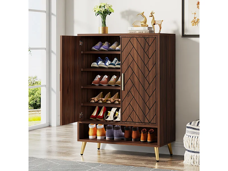 Meuble Chaussures avec 2 Portes, 6 étages Meuble de Rangement à Chaussures, Séparateurs Réglables, pour Entrée,Salon, Marron