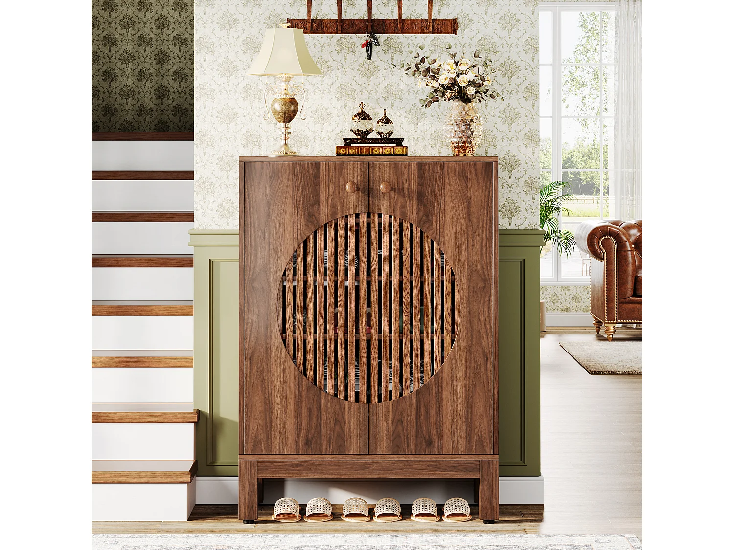 5-poziomowy stojak na buty z okrągłymi drzwiami żaluzjowymi i regulowanymi półkami