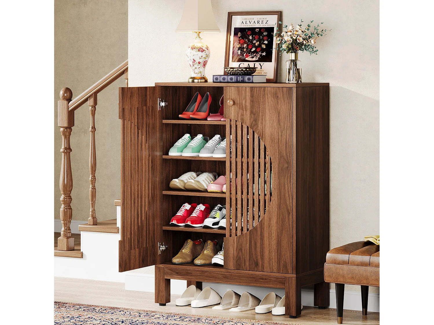 Meuble à Chaussures à 5 Niveaux avec Portes Rondes à persiennes, avec étagères réglables