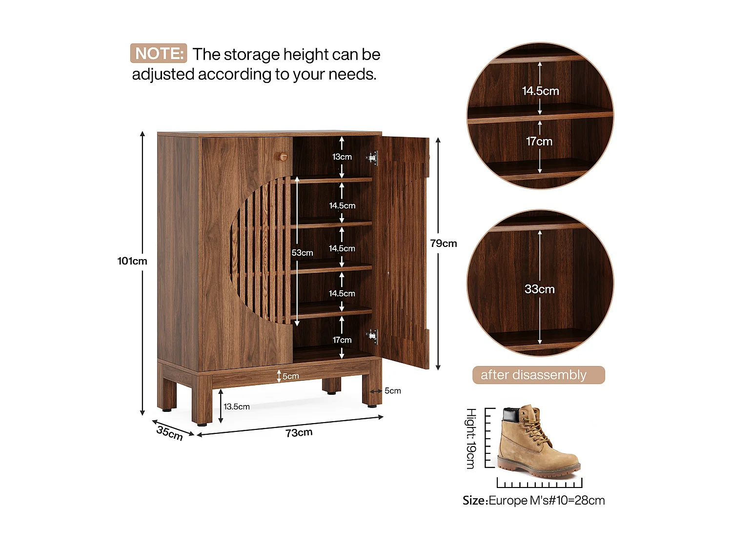 Meuble à Chaussures à 5 Niveaux avec Portes Rondes à persiennes, avec étagères réglables