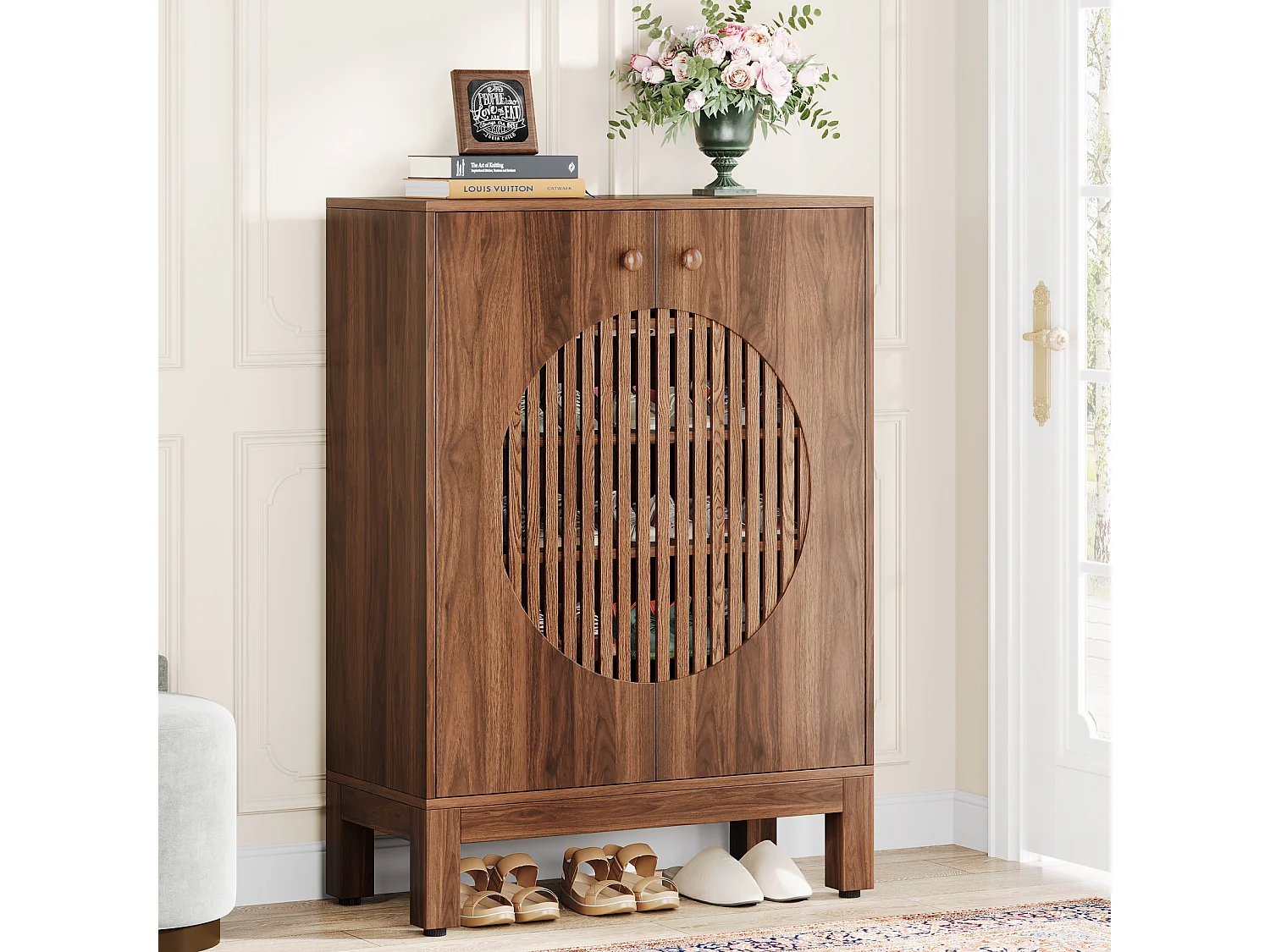 Meuble à Chaussures à 5 Niveaux avec Portes Rondes à persiennes, avec étagères réglables