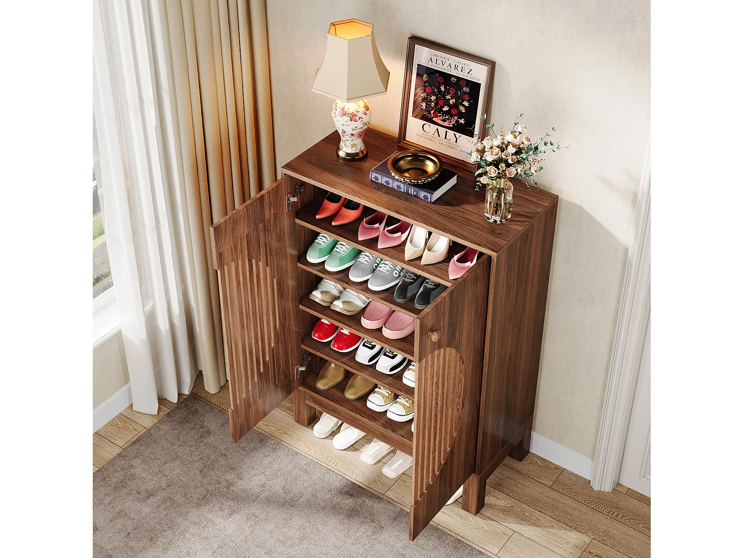 Meuble à Chaussures à 5 Niveaux avec Portes Rondes à persiennes, avec étagères réglables