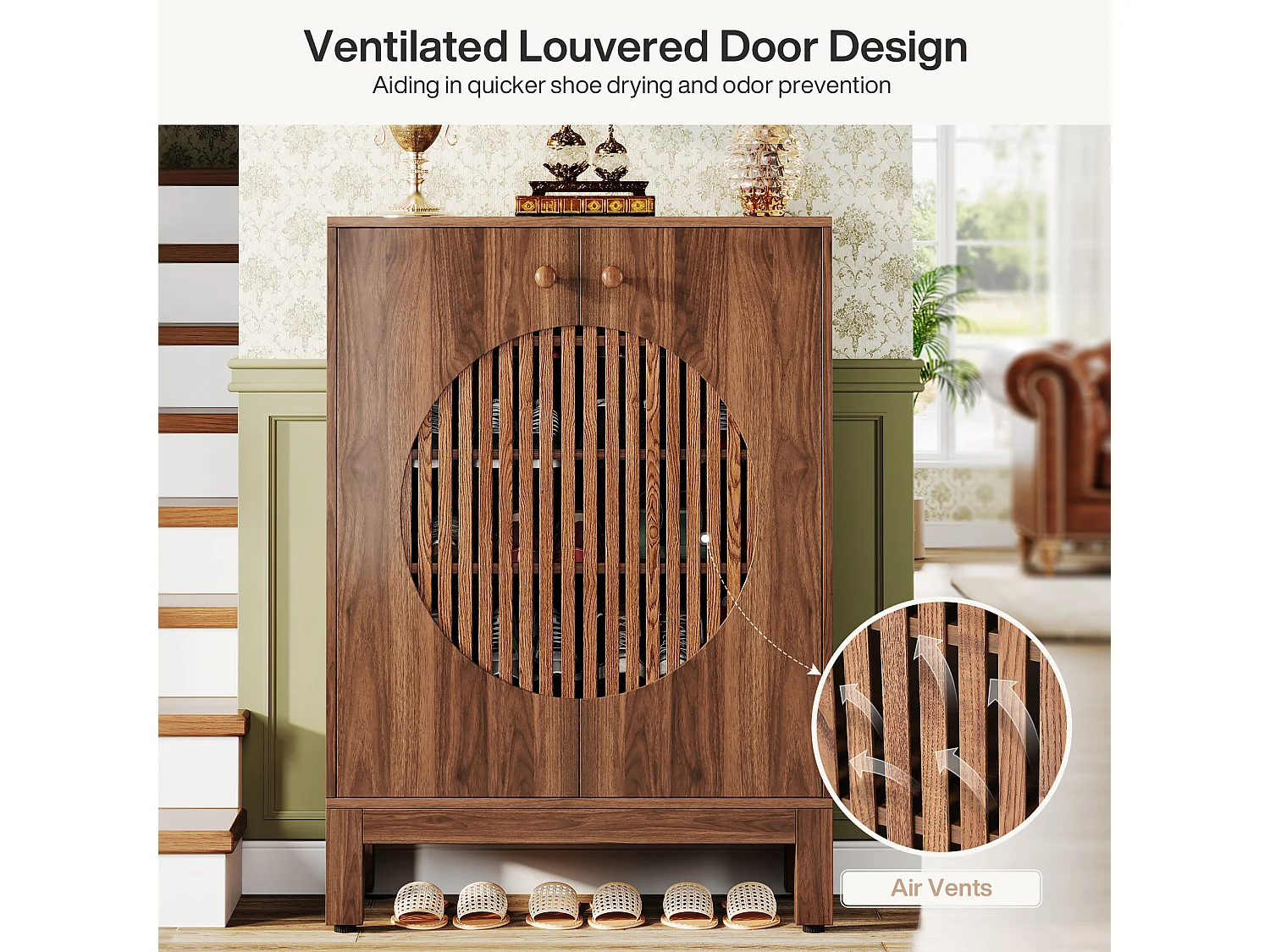 Meuble à Chaussures à 5 Niveaux avec Portes Rondes à persiennes, avec étagères réglables