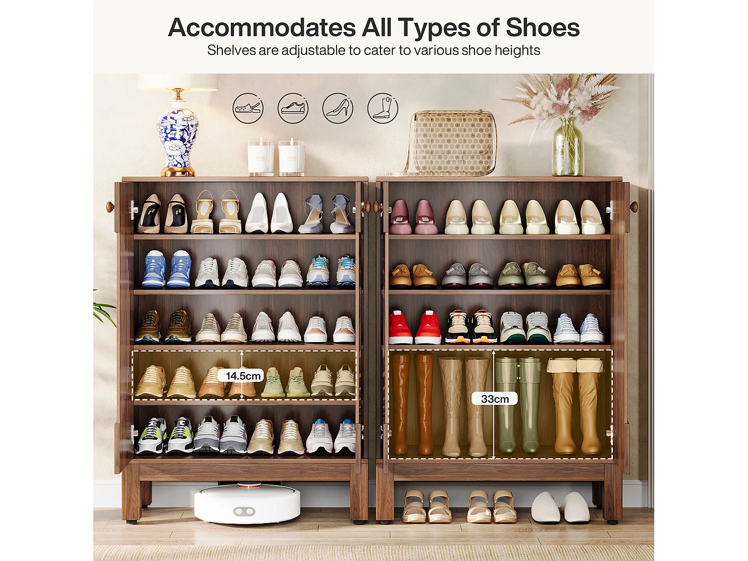 Meuble à Chaussures à 5 Niveaux avec Portes Rondes à persiennes, avec étagères réglables