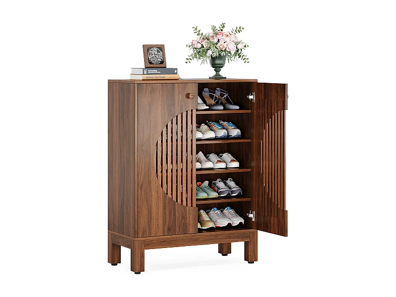 Meuble à Chaussures à 5 Niveaux avec Portes Rondes à persiennes, avec étagères réglables