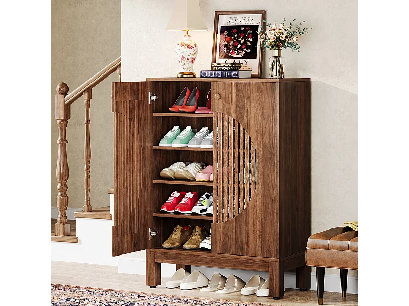 Meuble à Chaussures à 5 Niveaux avec Portes Rondes à persiennes, avec étagères réglables