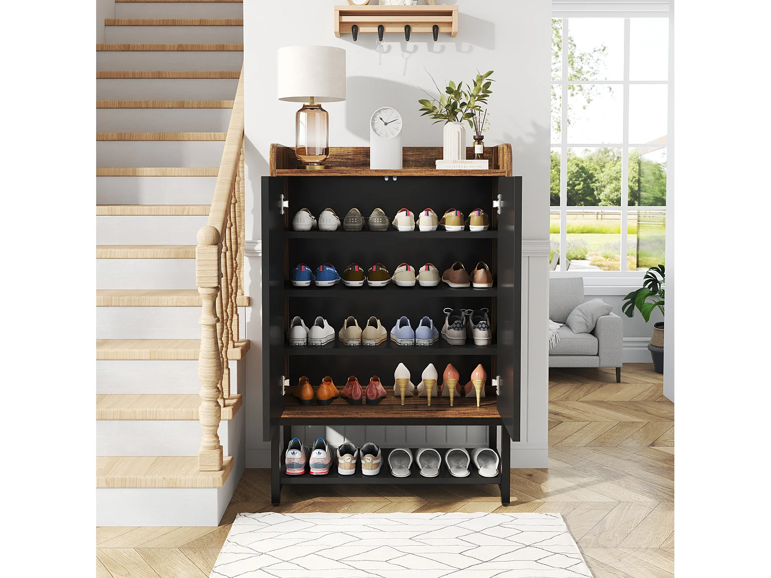 Móvel de armazenamento para sapatos com 5 níveis - Para 15 a 20 pares de sapatos - Preto e marrom