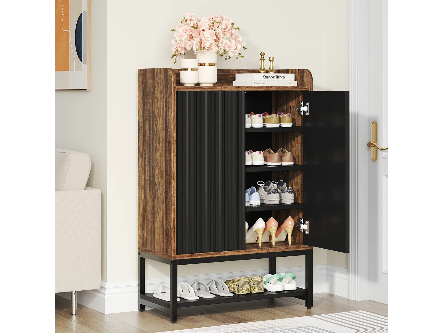 Meuble de rangement à chaussures à 5 niveaux - Pour 15 à 20 paires de chaussures - Noir et marron