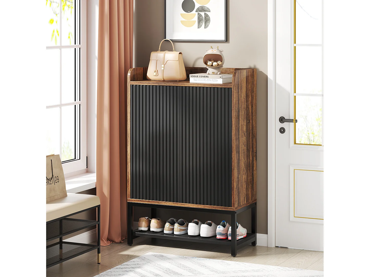 Meuble de rangement à chaussures à 5 niveaux - Pour 15 à 20 paires de chaussures - Noir et marron