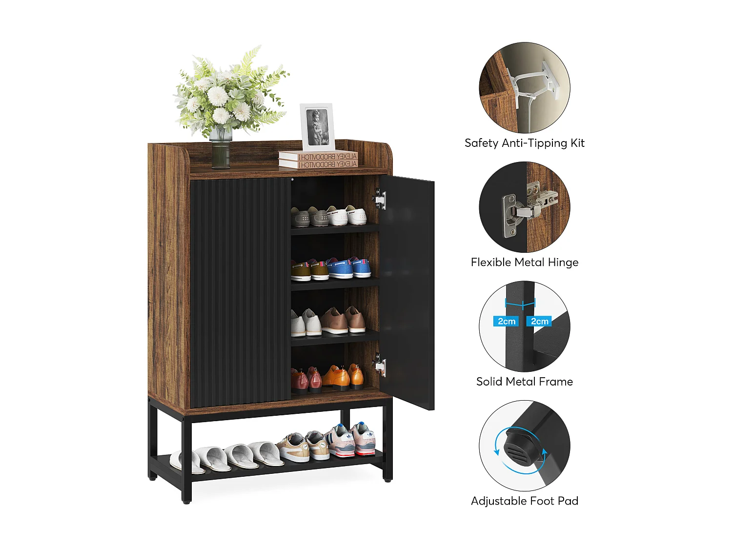 Meuble de rangement à chaussures à 5 niveaux - Pour 15 à 20 paires de chaussures - Noir et marron