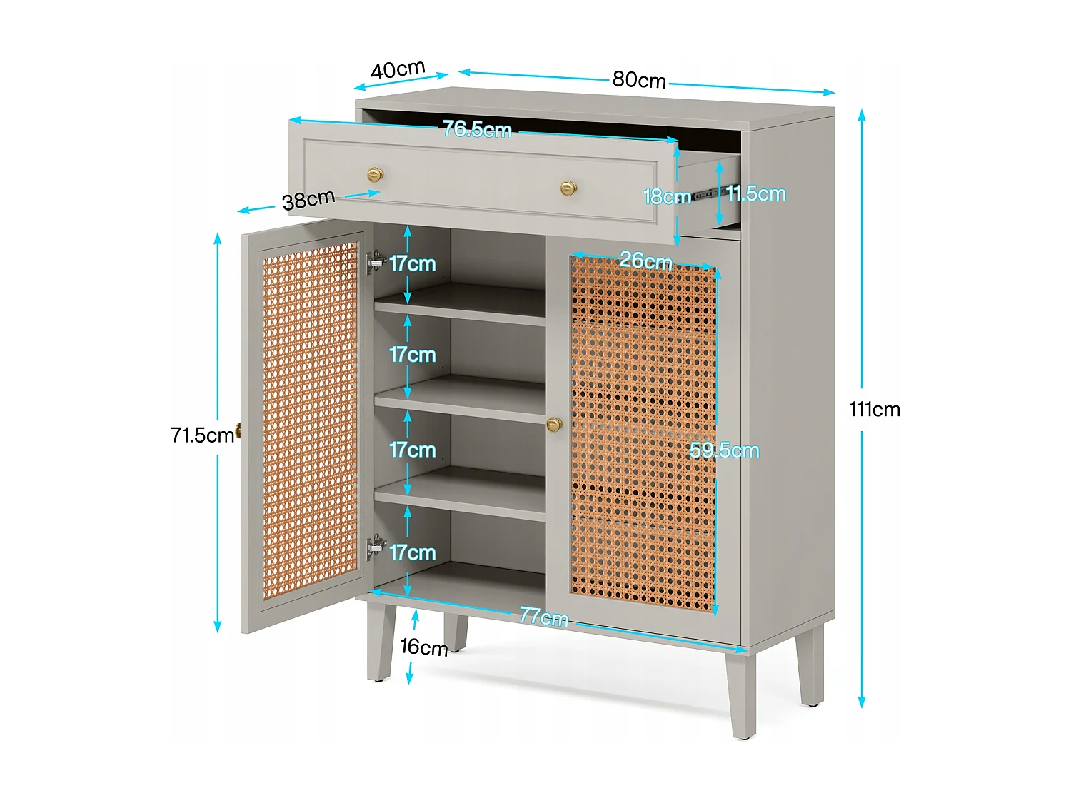 Meuble à chaussures moderne avec portes et tiroir, armoire à chaussures en rotin vert menthe avec étagère réglable