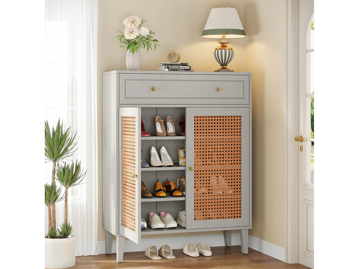 Meuble à chaussures moderne avec portes et tiroir, armoire à chaussures en rotin vert menthe avec étagère réglable