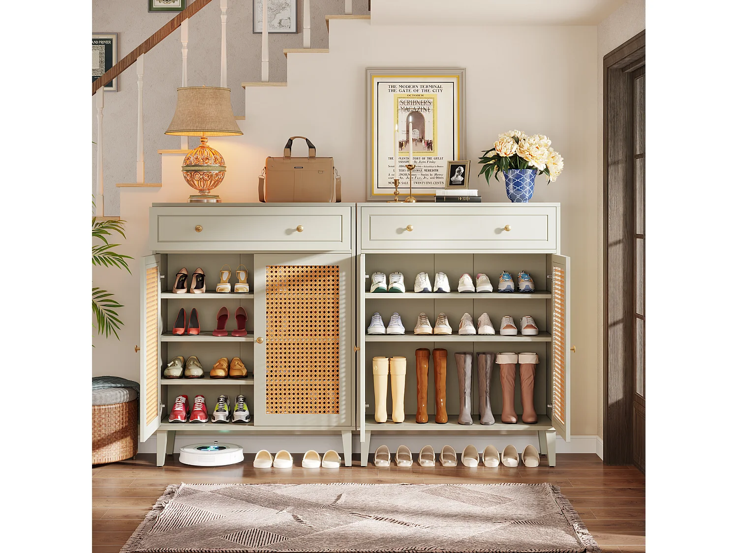 Meuble à chaussures moderne avec portes et tiroir, armoire à chaussures en rotin vert menthe avec étagère réglable