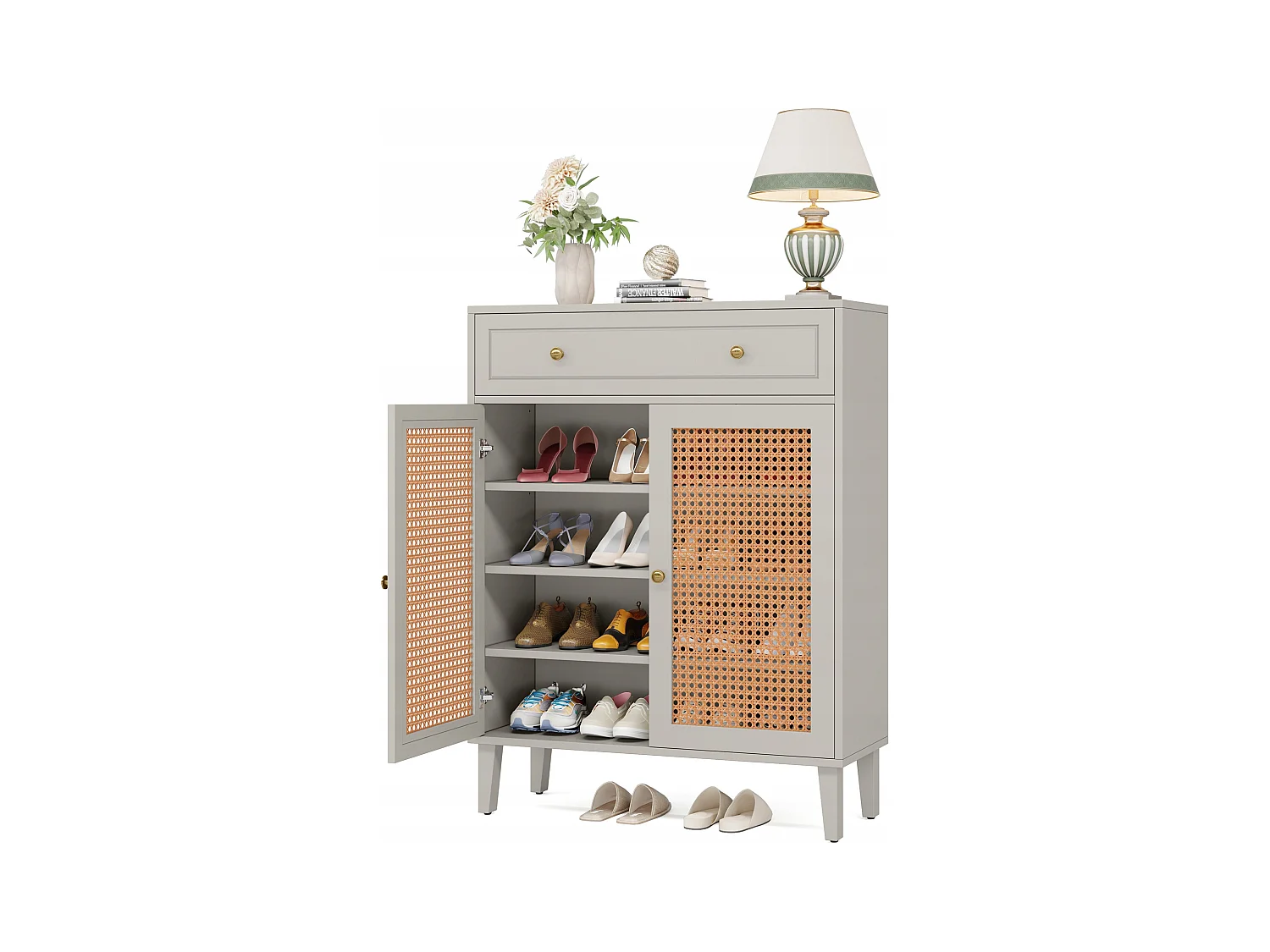 Meuble à chaussures moderne avec portes et tiroir, armoire à chaussures en rotin vert menthe avec étagère réglable