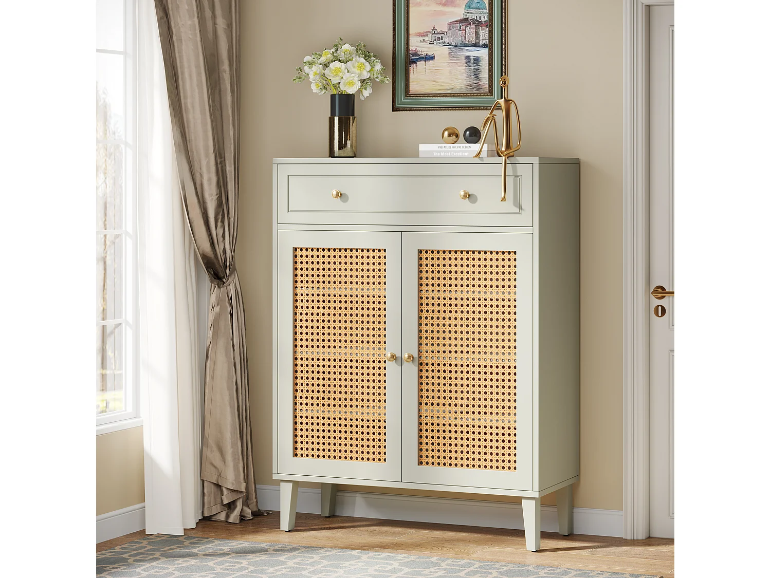 Meuble à chaussures moderne avec portes et tiroir, armoire à chaussures en rotin vert menthe avec étagère réglable