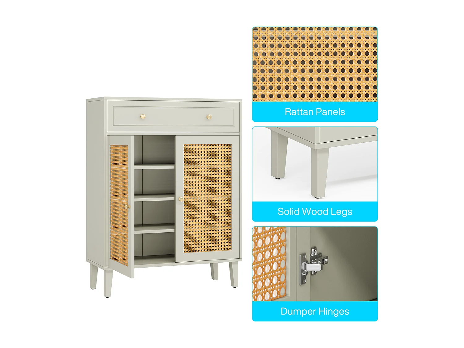 Meuble à chaussures moderne avec portes et tiroir, armoire à chaussures en rotin vert menthe avec étagère réglable