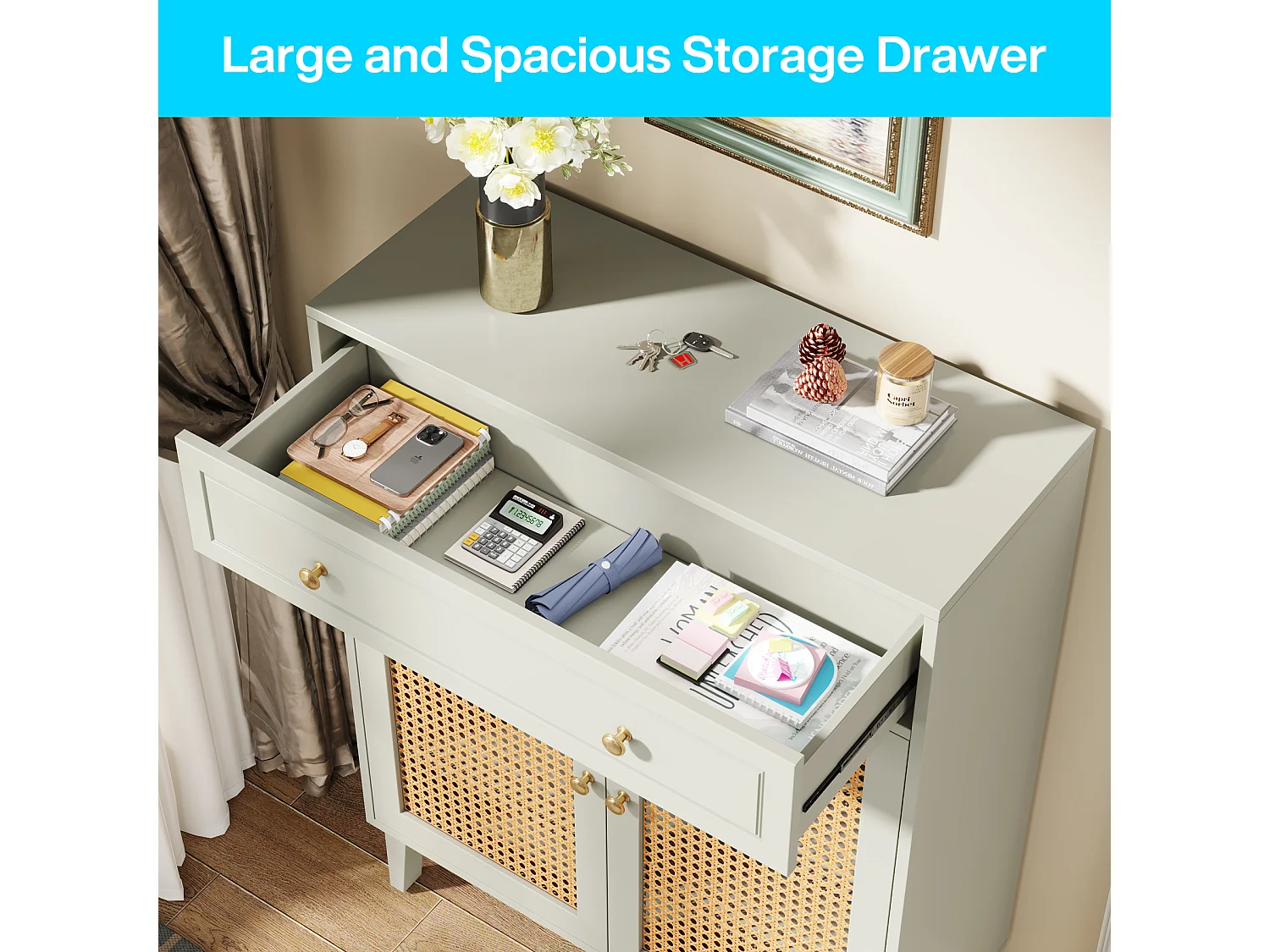 Meuble à chaussures moderne avec portes et tiroir, armoire à chaussures en rotin vert menthe avec étagère réglable