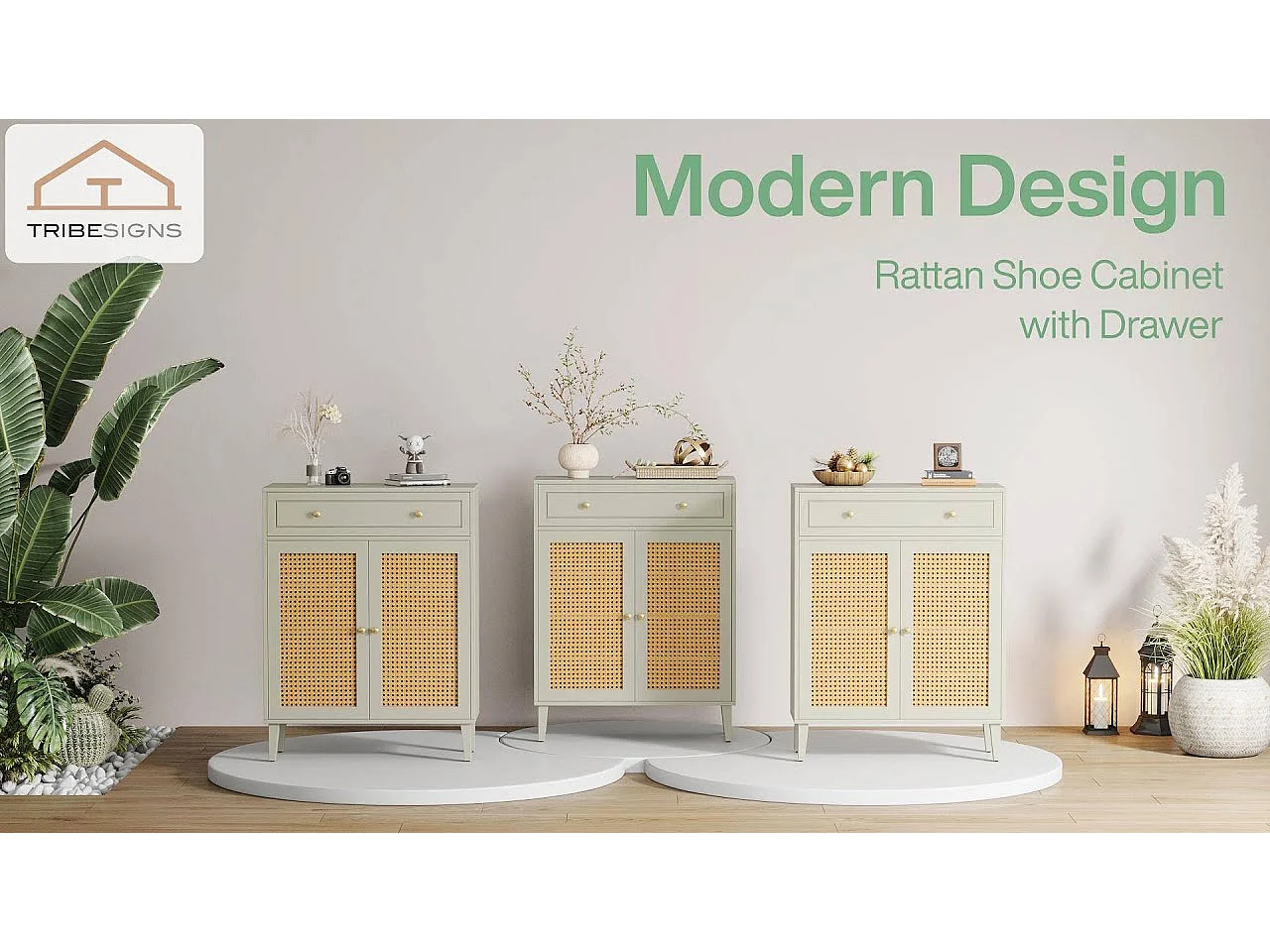 Meuble à chaussures moderne avec portes et tiroir, armoire à chaussures en rotin vert menthe avec étagère réglable