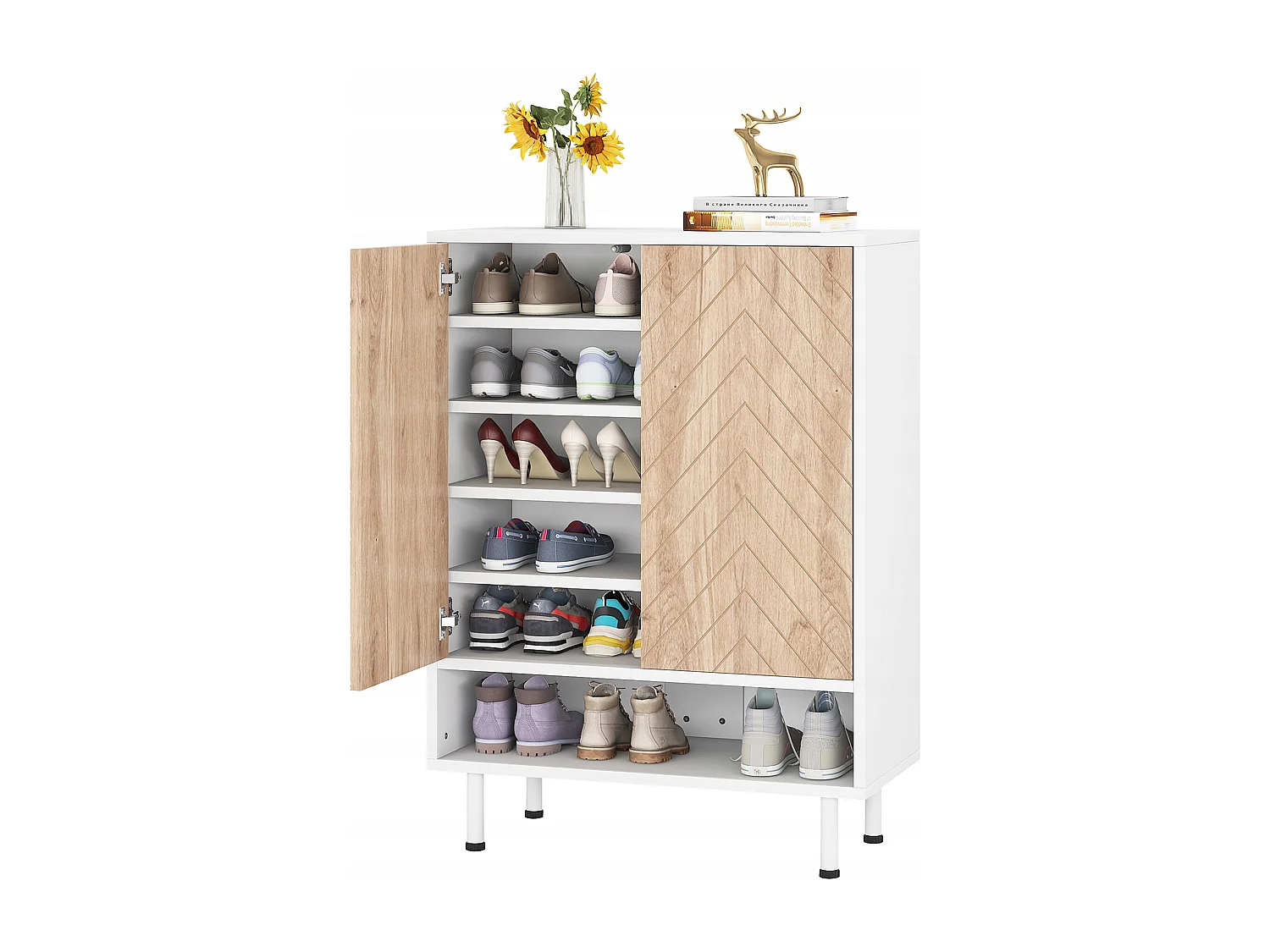 Groot schoenenrek met 6 niveaus voor de entree - wit en bruin