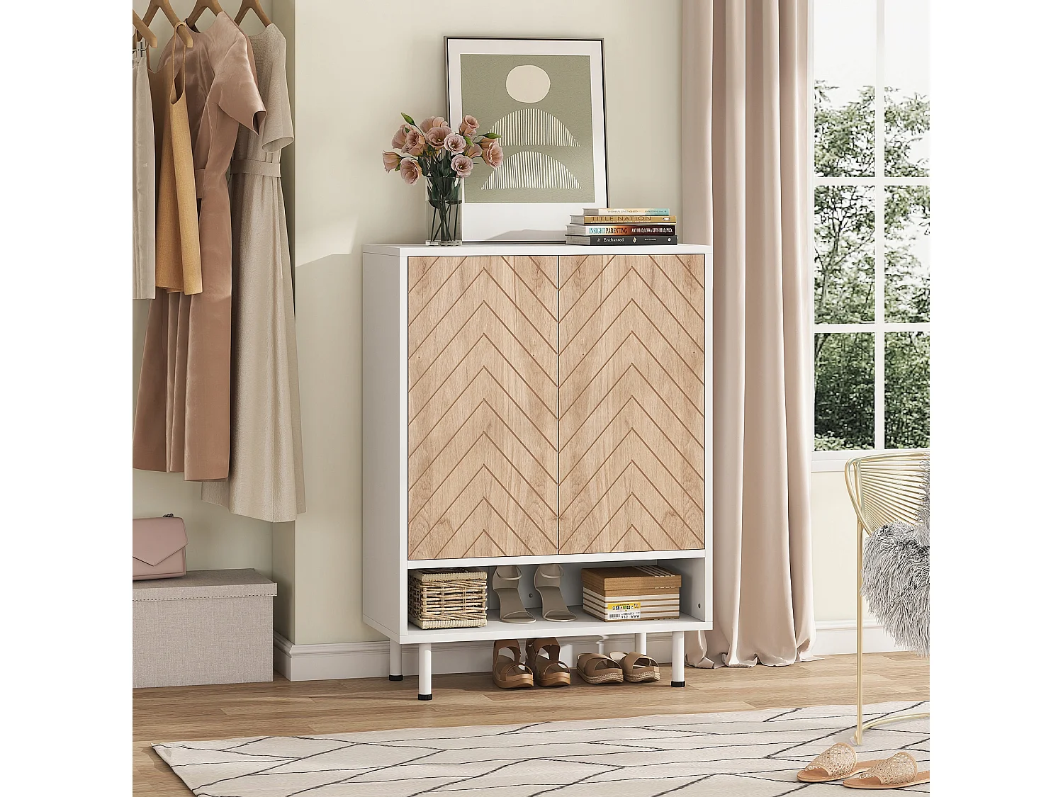 Groot schoenenrek met 6 niveaus voor de entree - wit en bruin