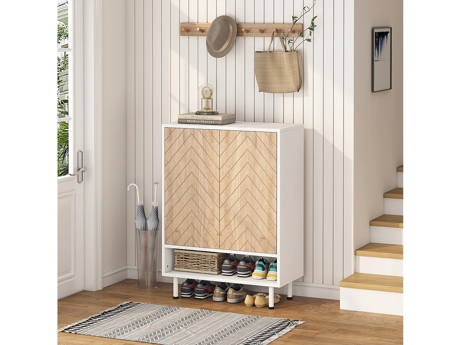 Groot schoenenrek met 6 niveaus voor de entree - wit en bruin