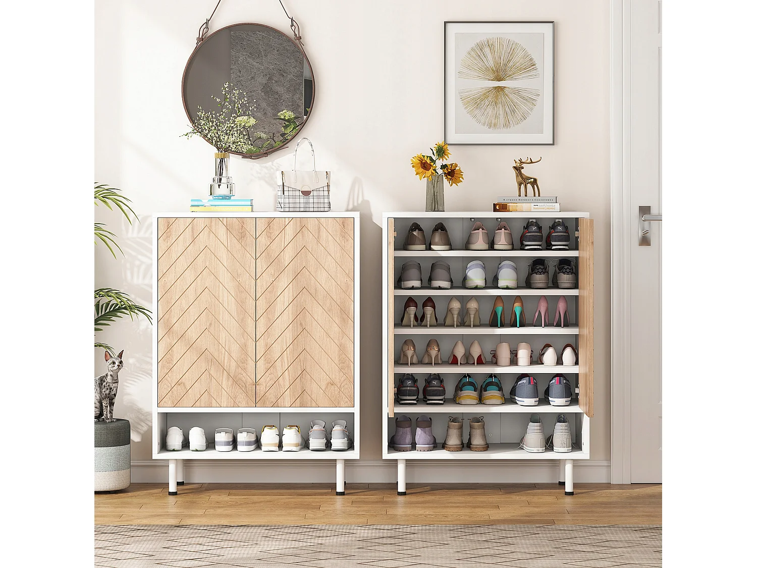 Groot schoenenrek met 6 niveaus voor de entree - wit en bruin