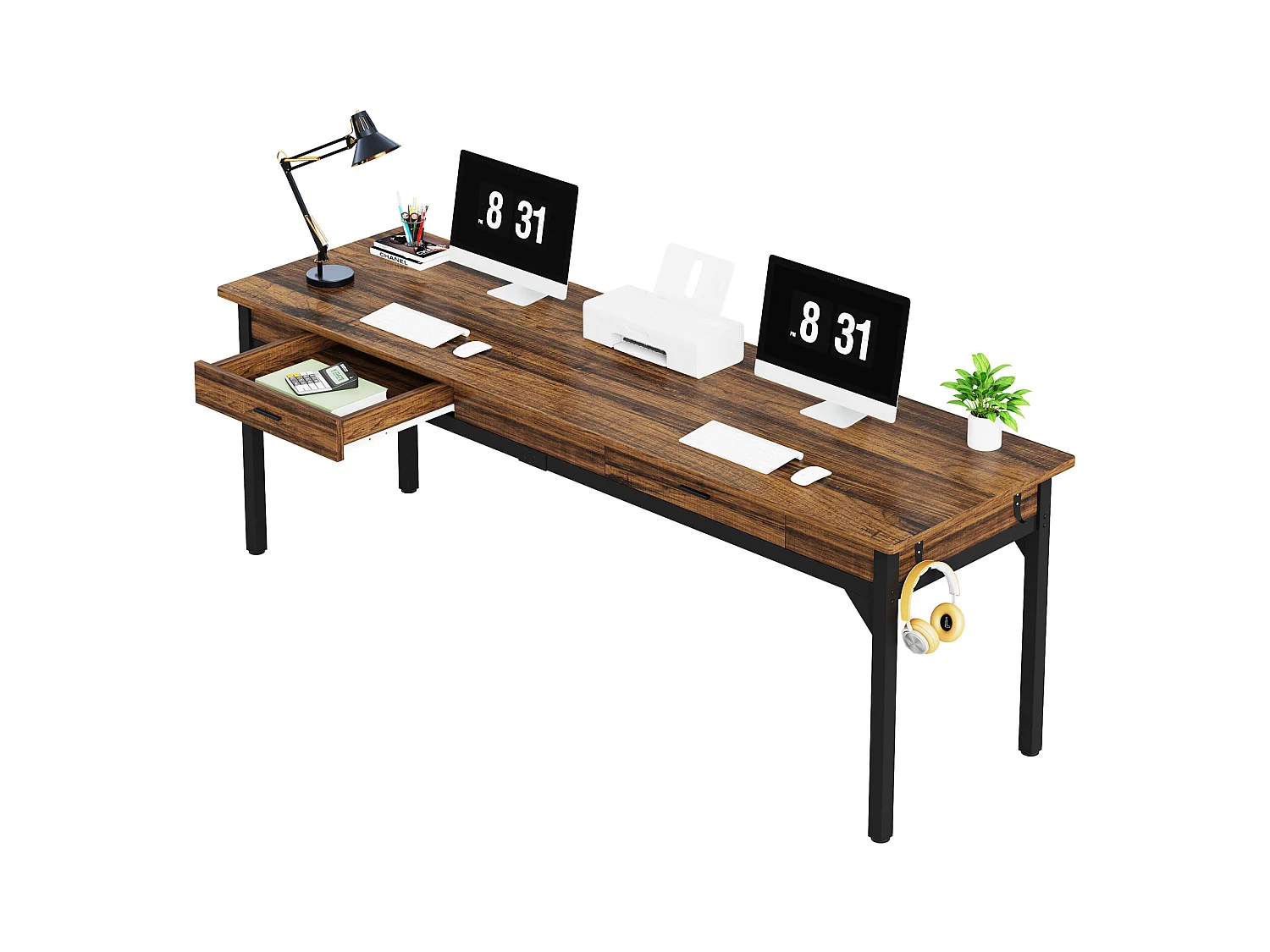 Bureau Informatique, Table d’étude, Double Bureau Long avec 2 Schubladen, 200 x 60 x 82 cm, Marron Rustique