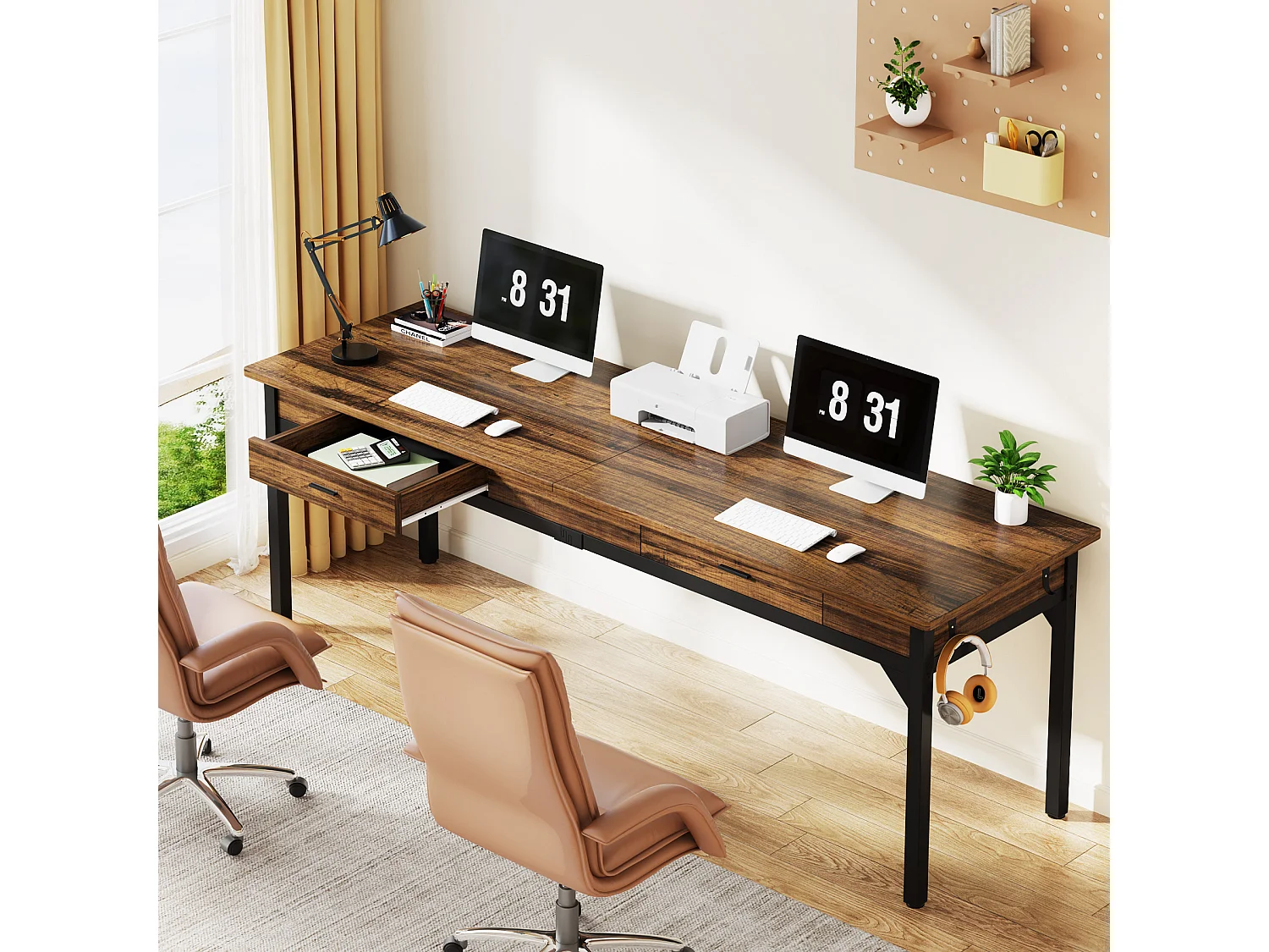 Computerbureau, studeertafel, dubbel lang bureau met 2 schubladen, 200 x 60 x 82 cm, rustiek bruin