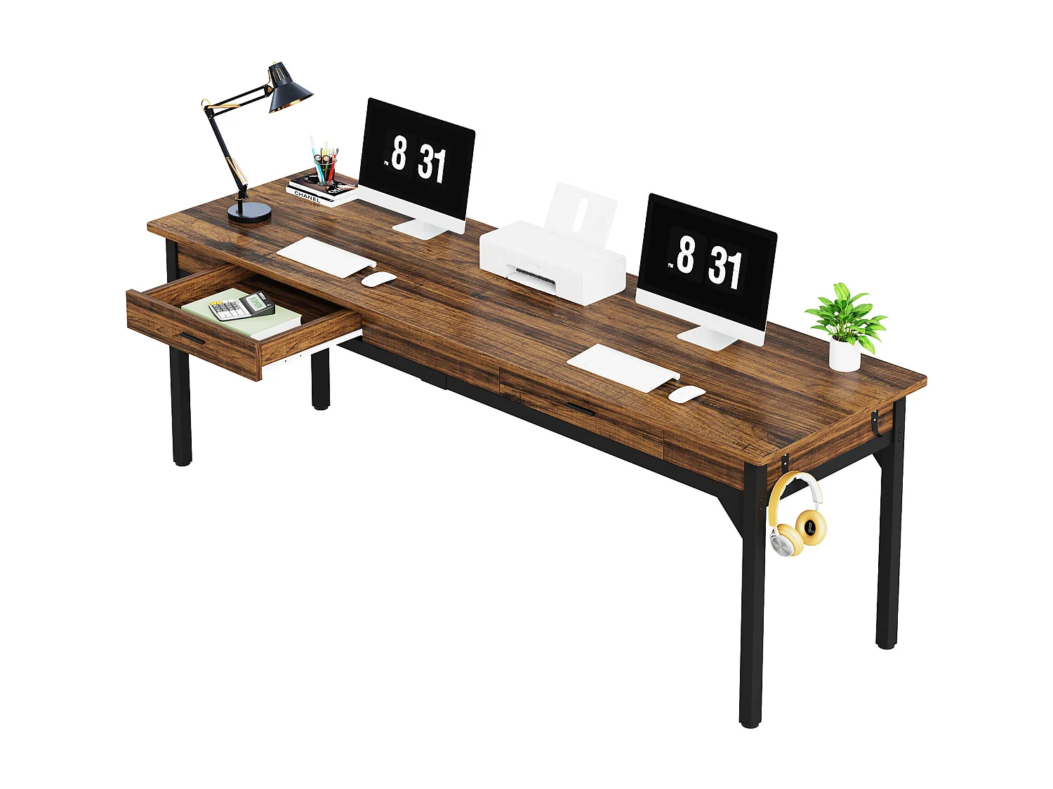 Computerbureau, studeertafel, dubbel lang bureau met 2 schubladen, 200 x 60 x 82 cm, rustiek bruin