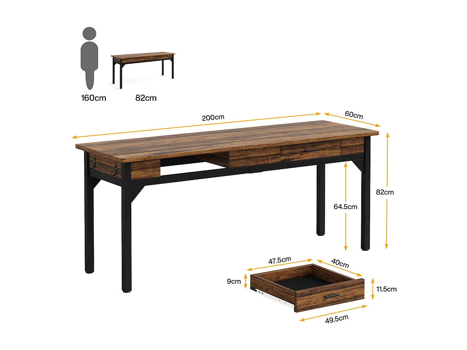 Computerbureau, studeertafel, dubbel lang bureau met 2 schubladen, 200 x 60 x 82 cm, rustiek bruin