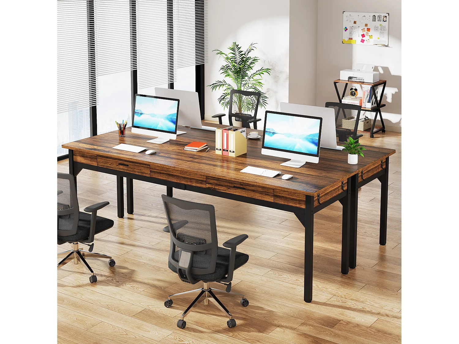 Computerbureau, studeertafel, dubbel lang bureau met 2 schubladen, 200 x 60 x 82 cm, rustiek bruin