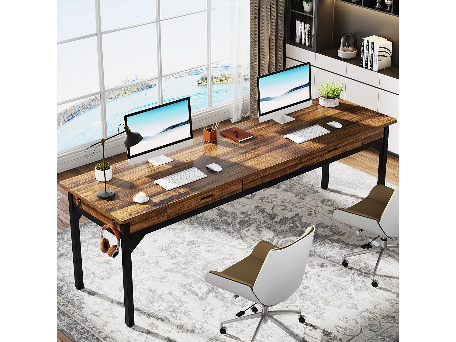 Computerbureau, studeertafel, dubbel lang bureau met 2 schubladen, 200 x 60 x 82 cm, rustiek bruin