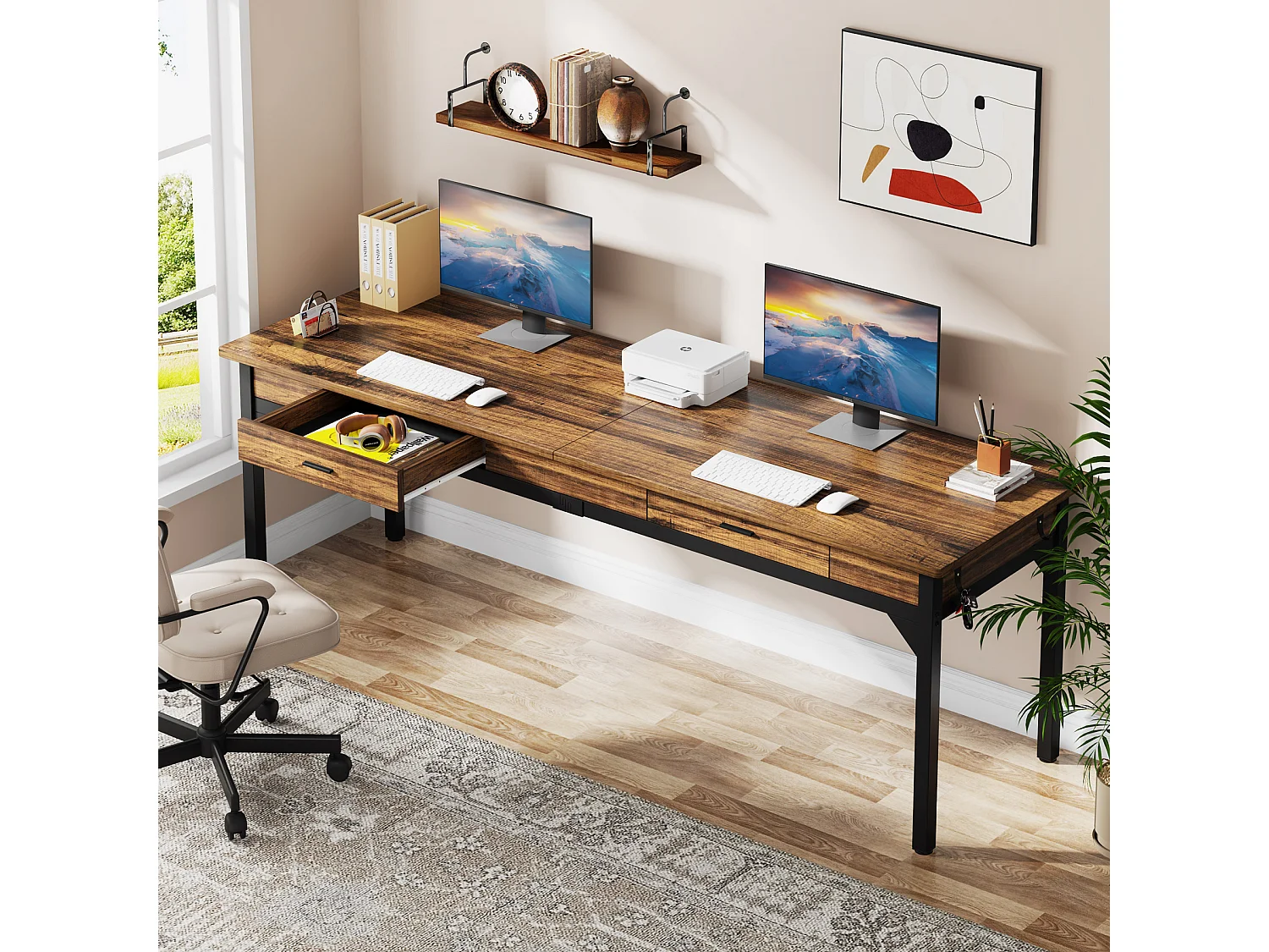 Computerbureau, studeertafel, dubbel lang bureau met 2 schubladen, 200 x 60 x 82 cm, rustiek bruin