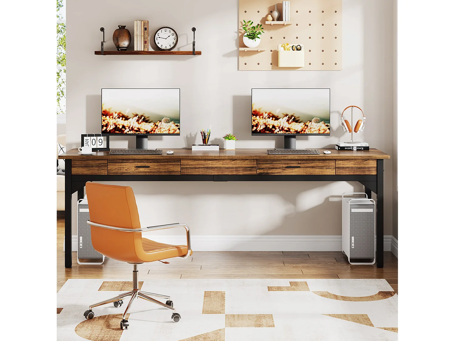 Computerbureau, studeertafel, dubbel lang bureau met 2 schubladen, 200 x 60 x 82 cm, rustiek bruin