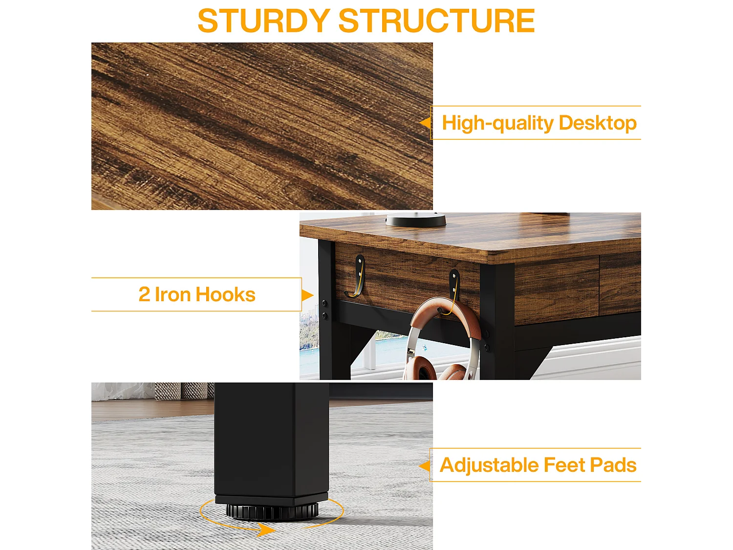 Computerbureau, studeertafel, dubbel lang bureau met 2 schubladen, 200 x 60 x 82 cm, rustiek bruin